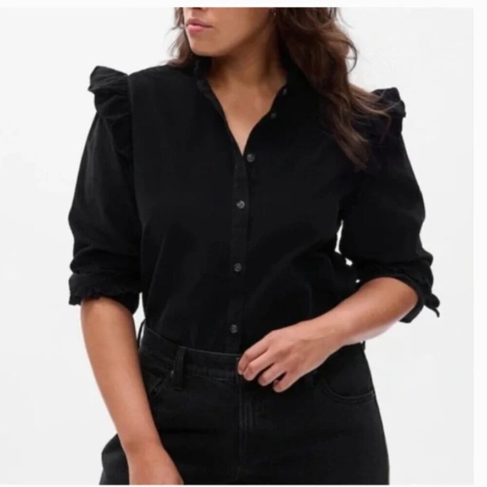 Gap Black Ruffled Corduroy Button Down Shirt - Size LT (Tall)